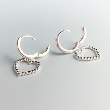 Sterling Silver Heart Dangle Huggie Hoop Earrings, 3 of 6