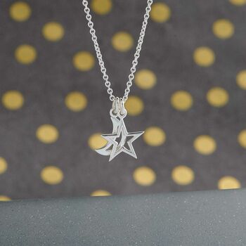 Moon And Star Outline Silver Necklace, 2 of 4