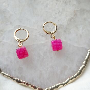 Small Square Pink Stone Hoop Earrings, 2 of 5