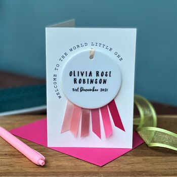 New Baby Card With Ceramic Pink Ombre Rosette, 4 of 4
