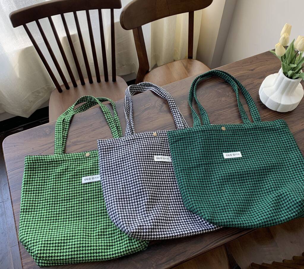 School Tote Bag, Houndstooth Green Woollen Shoulder Bag By GY Studios