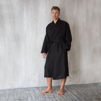 Navy Linen Robe For Men, 3 of 12