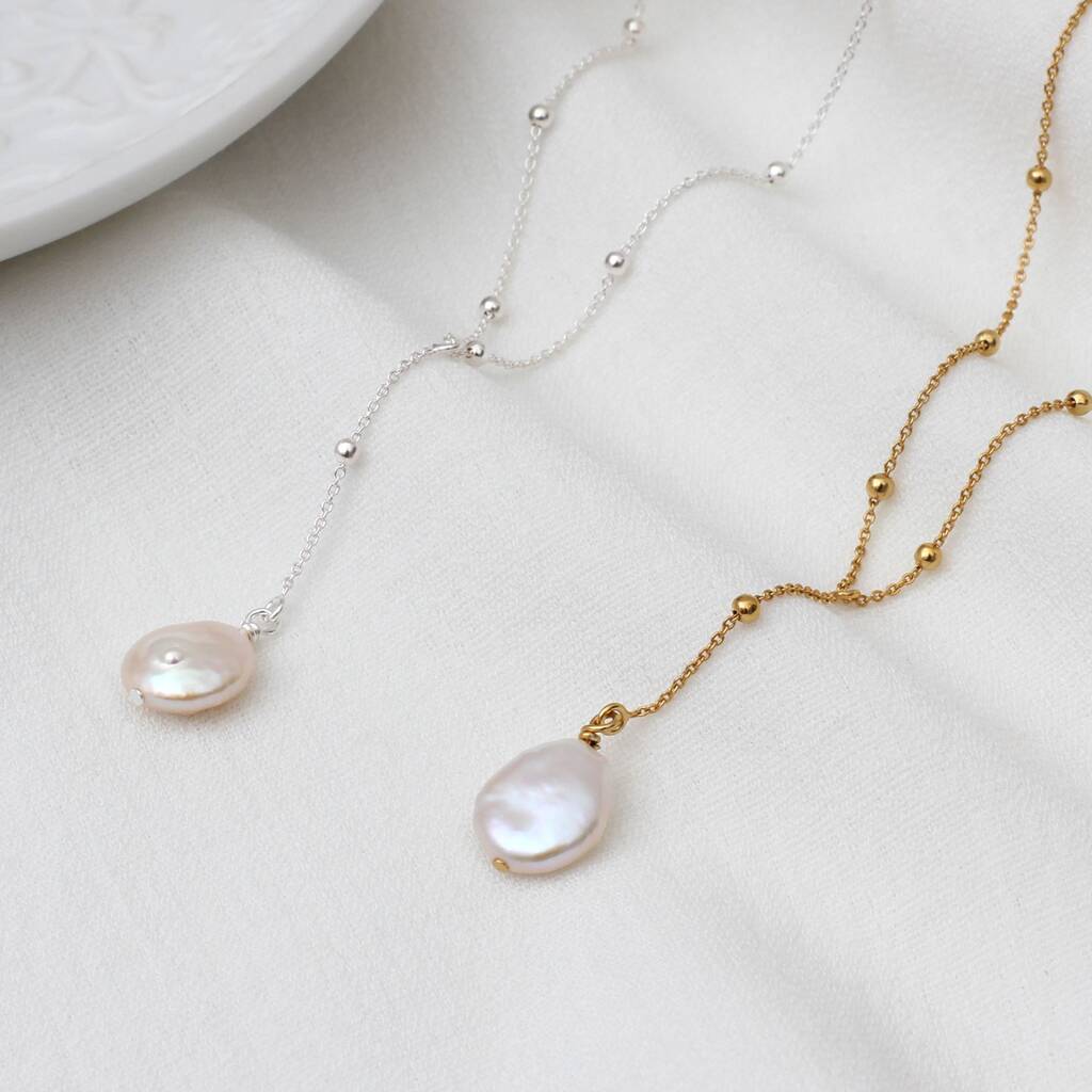 Personalised Gold Or Silver Lariat Drop Pearl Necklace, 1 of 5