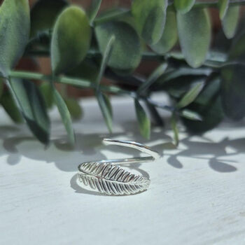 Sterling Silver Feather Leaf Adjustable Stacking Finger Or Thumb Ring, 9 of 10