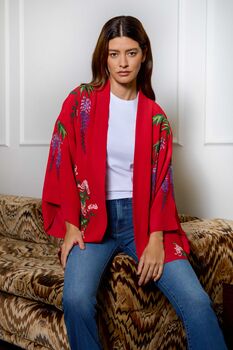 Wisteria And Chrysanthemum Red Fully Lined Embroidered Short Kimono, 2 of 7