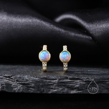 Blue Opal Cz Huggie Hoop Earrings In Sterling Silver, 4 of 10