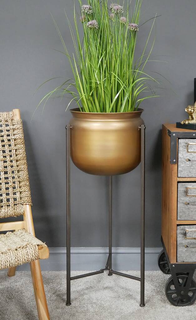 Large Brushed Gold Planter And Stand
