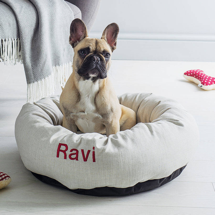 personalised linen donut dog bed by pins and ribbons