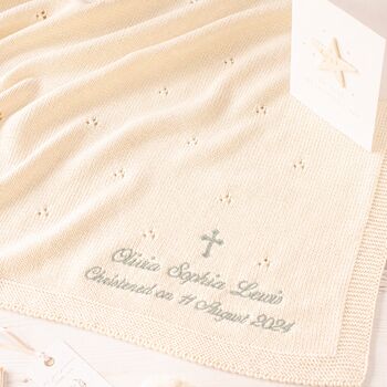 Toffee Moon White Pointelle Christening Baby Blanket, 3 of 12