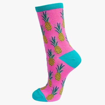 Womens Bamboo Socks Pink Pineapple Print, 2 of 2