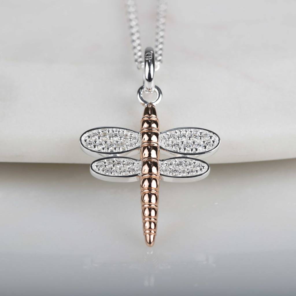 solid silver and 14ct rose gold dragonfly pendant by nest ...
