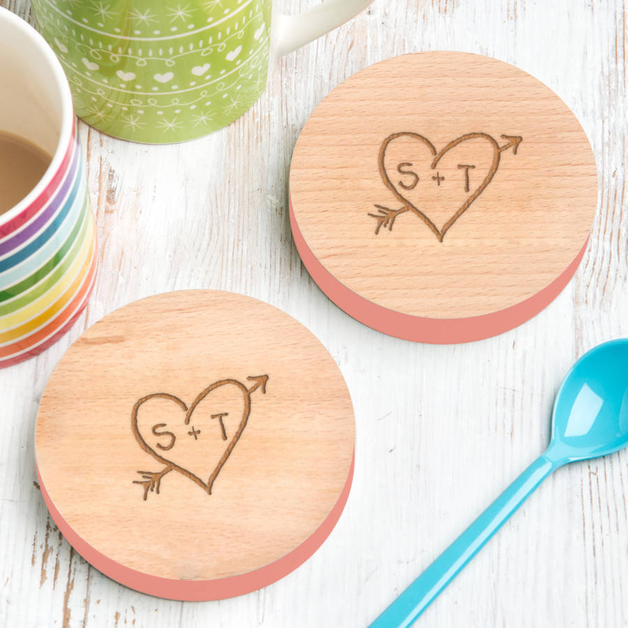 Two Personalised Carved Heart Couples Coasters, 1 of 3
