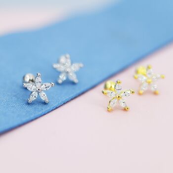 Sterling Silver Cz Flower Barbell Earrings, 7 of 12