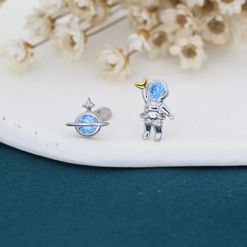 Mismatched Astronaut And Planet Stud Earrings In Sterling Silver, 5 of 10