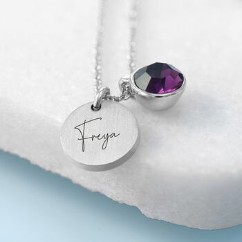 Personalised Silver Birthstone Crystal And Disc Necklace, 6 of 12