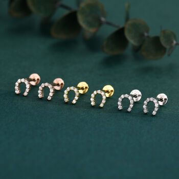 Sterling Silver Cz Horseshoe 16 G Flat Back Labret Earrings, 2 of 12