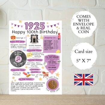 100th Birthday Card With 1925 Coin Choose Card Colour, 3 of 3