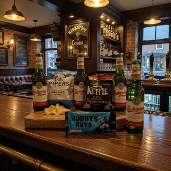 Pub In A Box Hawkstone, Moretti, Budvar Or Cobra Lager Beer Gift Hamper With Pub Snacks, 3 of 4