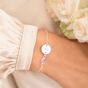 Sterling Silver Initial Disc And Birthstone Bracelet, 3 of 12