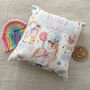 Personalised Unicorn Rainbows Keepsake Birth Cushion, thumbnail 2 of 6