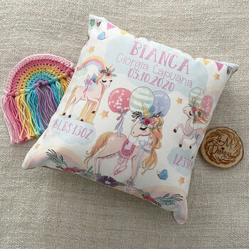 Personalised Unicorn Rainbows Keepsake Birth Cushion, 2 of 6
