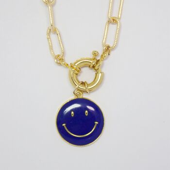 Blue Smiley Pendant Gold Textured Chain Necklace, 3 of 5