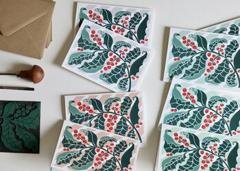 Candy Stripes And Holly Leaves Linocut Notecard Set Of Eight, 8 of 12