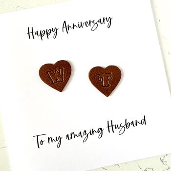 Personalised Wedding Anniversary Card Leather Hearts, 3 of 4