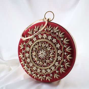 Mahiya Deep Red Silk Mandala Embroidered Round Clutch, 2 of 2