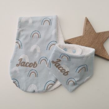 Personalised Baby Feeding Set, Blue Rainbow Fabric, 4 of 12