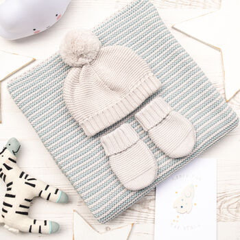 Unisex Baby Blanket, Bobble Hat And Mittens Set, 2 of 12