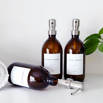 Set Of Three Amber Bathroom Bottles Choice Of Metal Pump Colour, 8 of 11