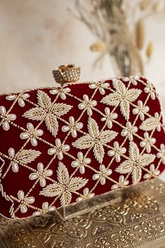 Lana – Deep Red Velvet Embroidered Clutch, 3 of 4