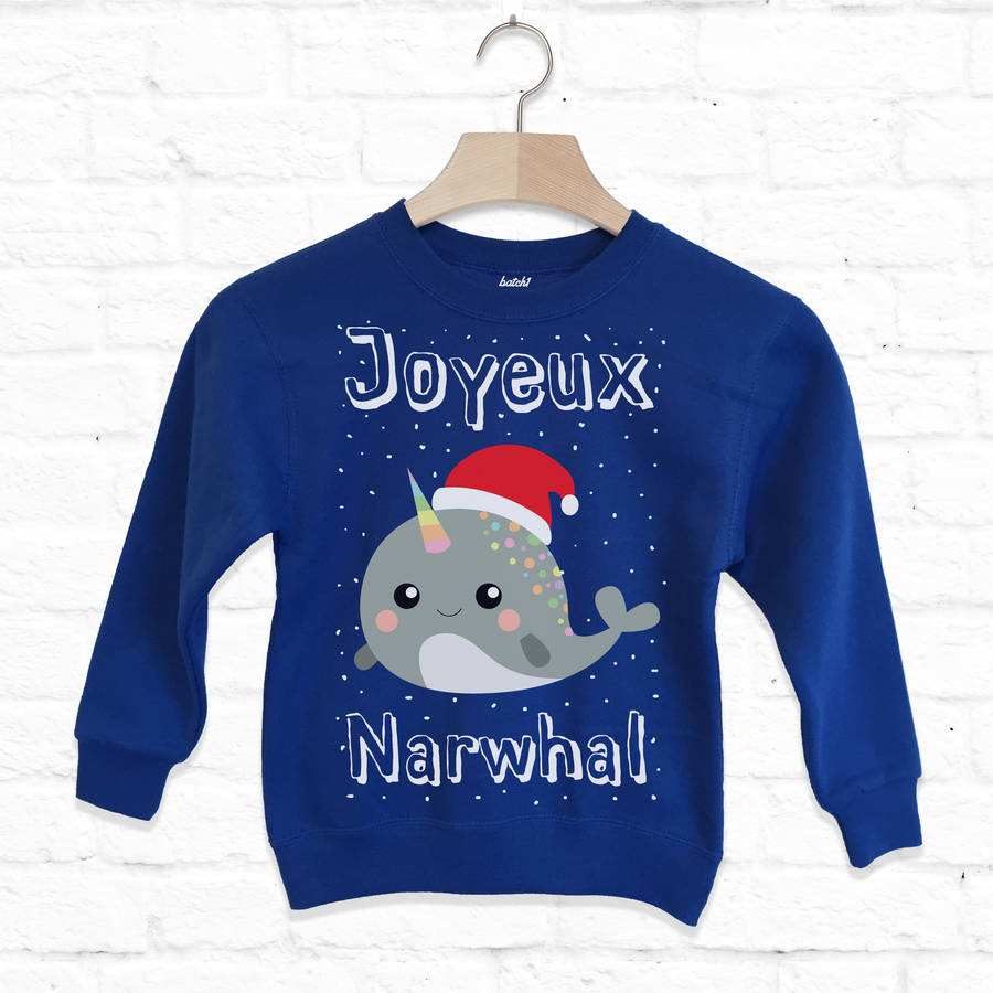 Joyeux Narwhal Kids Christmas Sweatshirt, 1 of 5