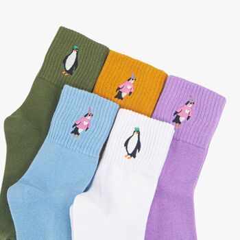 Women's Party Penguins Embroidered Cotton Ankle Socks Five Pack, 2 of 7