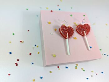 Heart Lollipop Earrings Acrylic Sterling Silver Hoops, 8 of 10