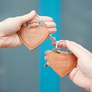 Mrs And Mrs Same Sex Couple Leather Heart Keyring Set, 5 of 7