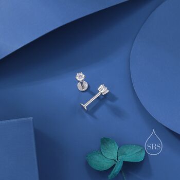 Brilliant Cut 3mm Cz Internally Threaded Flat Back Earrings In Sterling Silver, 6 of 10