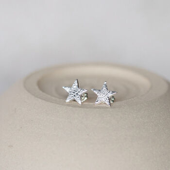 Sterling Silver Textured Star Studs, 5 of 9