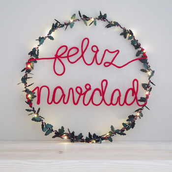 Feliz Navidad Holly Fairy Light Wreath, 5 of 6