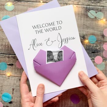 Welcome To The World New Baby Card: Handmade Origami Heart Keepsake Gift, Baby Boy, Baby Girl, Twins, 5 of 8