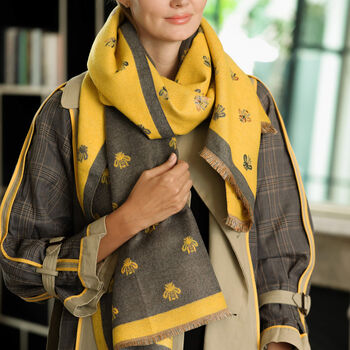 Bee Repeat Pattern Cashmere Blend Woven Jacquard Scarf, 2 of 9