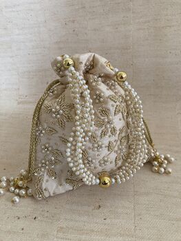 Cream Handcrafted Embroidered Pearl Potli Bag/Wrist Bag, 5 of 10