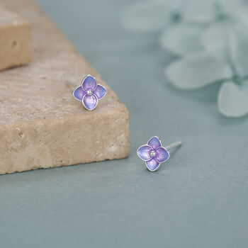 Sterling Silver Purple Hydrangea Enamel Stud Earrings, 2 of 12