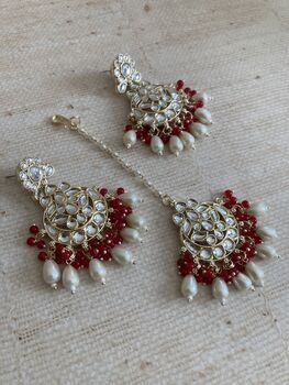 Red Gold Plated Kundan Earrings And Tikka Set, 2 of 4