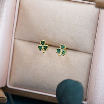 Sterling Silver Green Cz Shamrock Tiny Stud Earrings, 6 of 12