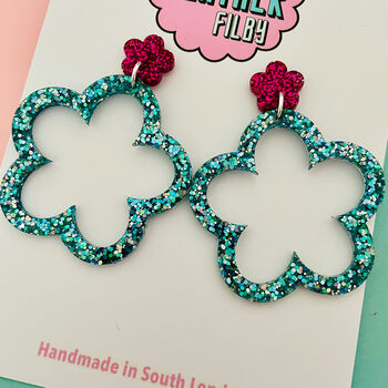 Blue Glitter Flower Earrings, 2 of 2