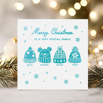 Personalised Family Or Friends Christmas Card With Foiled Christmas Wooly Hats, 8 of 10