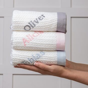 Personalised Cellular Baby Blanket With Pink Coloured Trim, 2 of 5