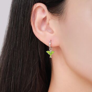 Sterling Silver Lunar Moth Enamel Huggie Hoop Earrings, 6 of 10